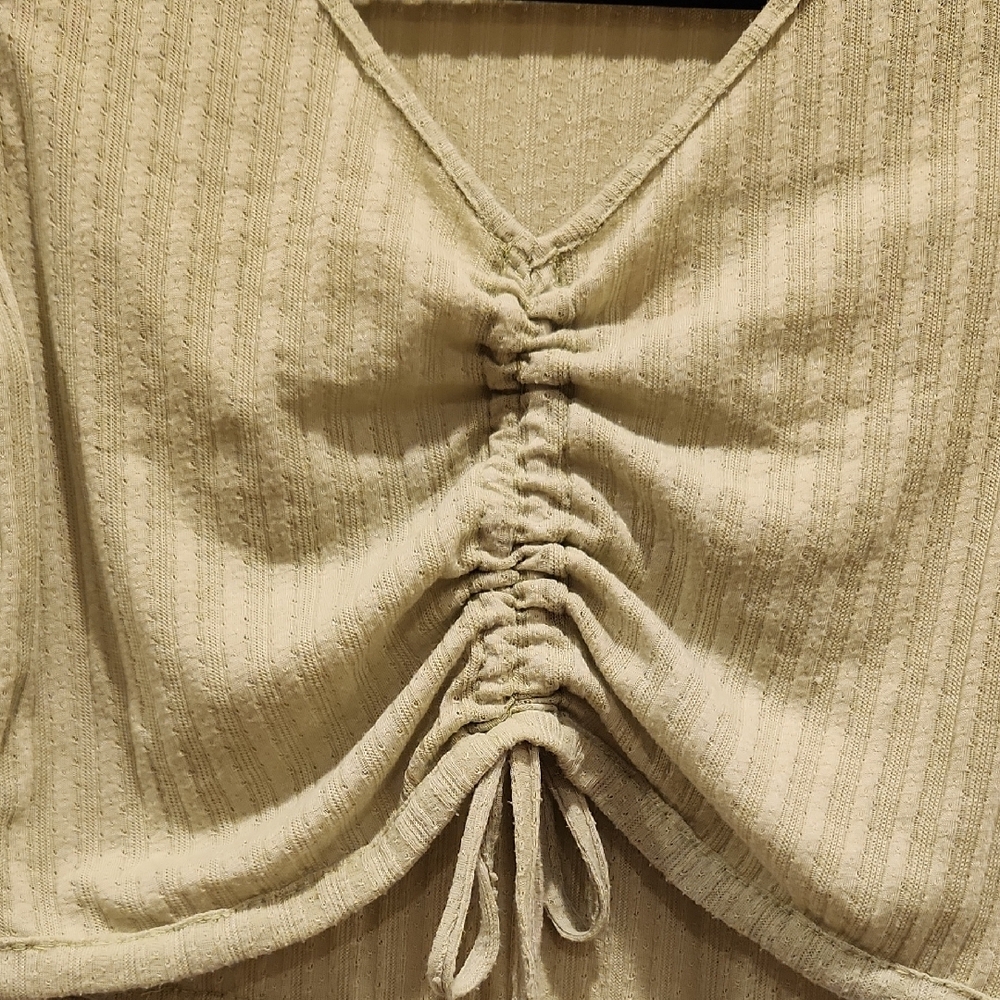 Green Ribbed Ruched Tie Front Blouse - Picture 2 of 11